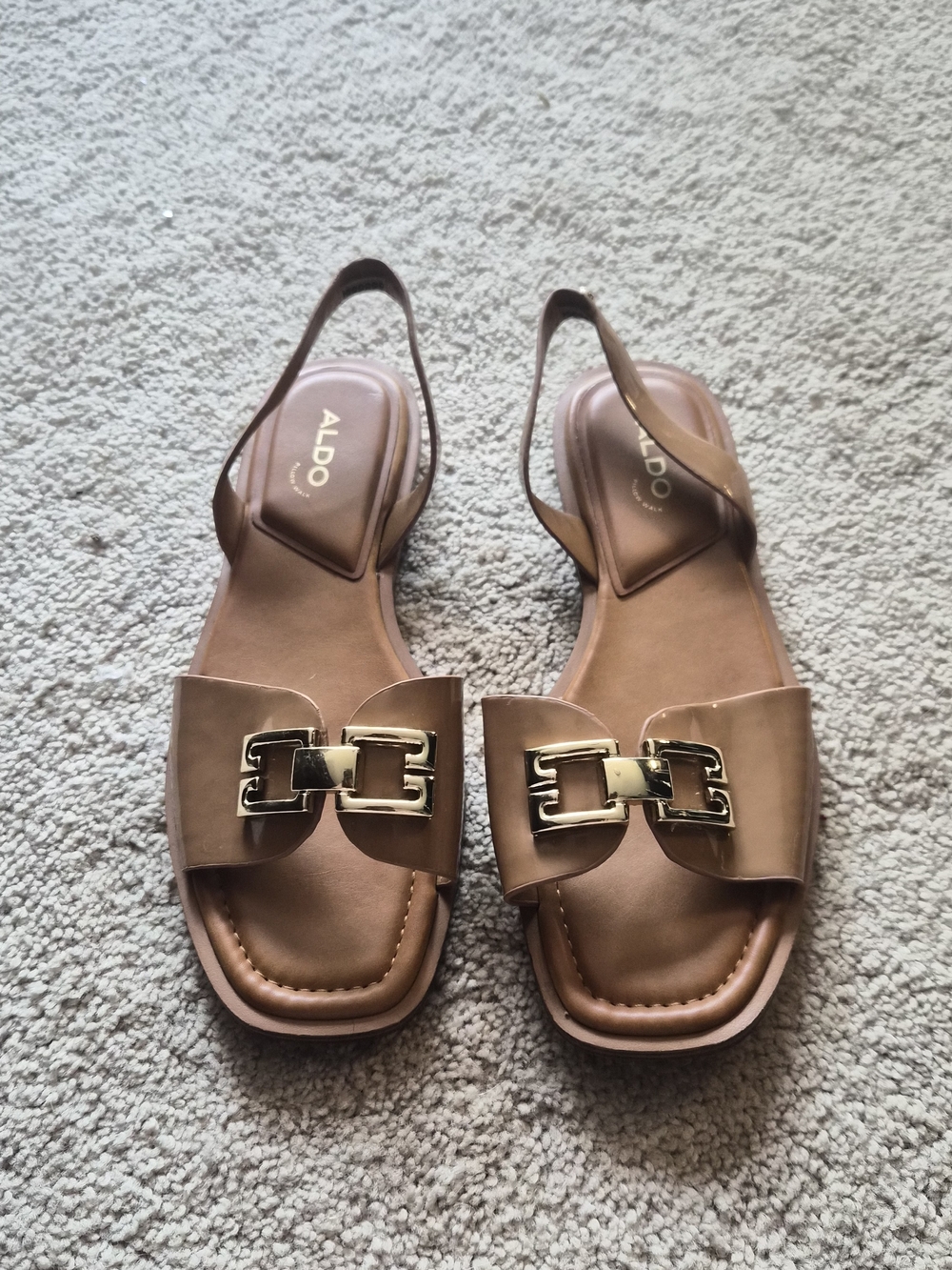 ALDO Tan Leather Slide Sandal with Gold Hardware - Picture 3 of 6